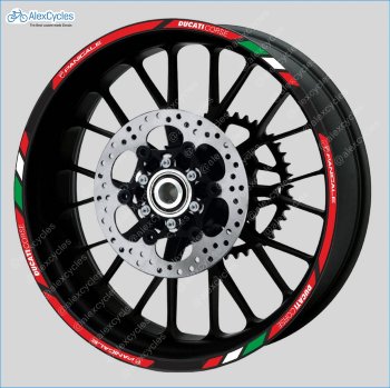 Ducati Corse Panigale Motorcycle Wheel Rim Laminated Decals Stickers Stripes Laminated vinyl stripes, decals, stickers for your wheel rims.